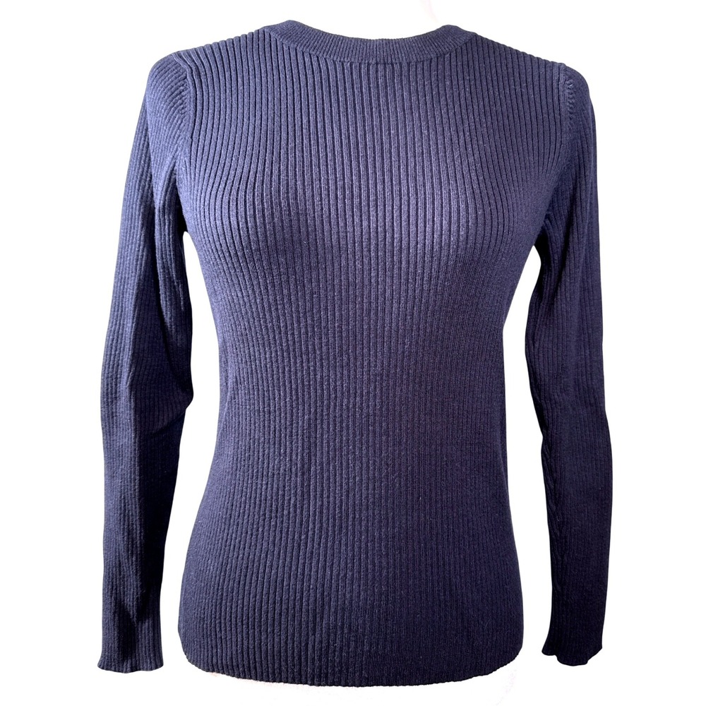 1901 Navy Ribbed Crew Neck Long Sleeve Sweater Top L Cotton Blend Casual Comfy